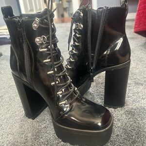 Zara Black Patton leather  Lace-Up heeled Boots